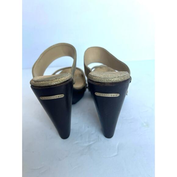 NWOT Jimmy Choo Ulrika Gold Glitter Slide Wooden Platform High Heel Sandals 8.5 - Picture 8 of 13